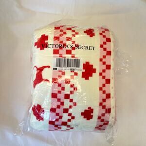 Victoria's Secret Pink Red & White Logo Sherpa Throw Blanket 50x60 Checkered Dog